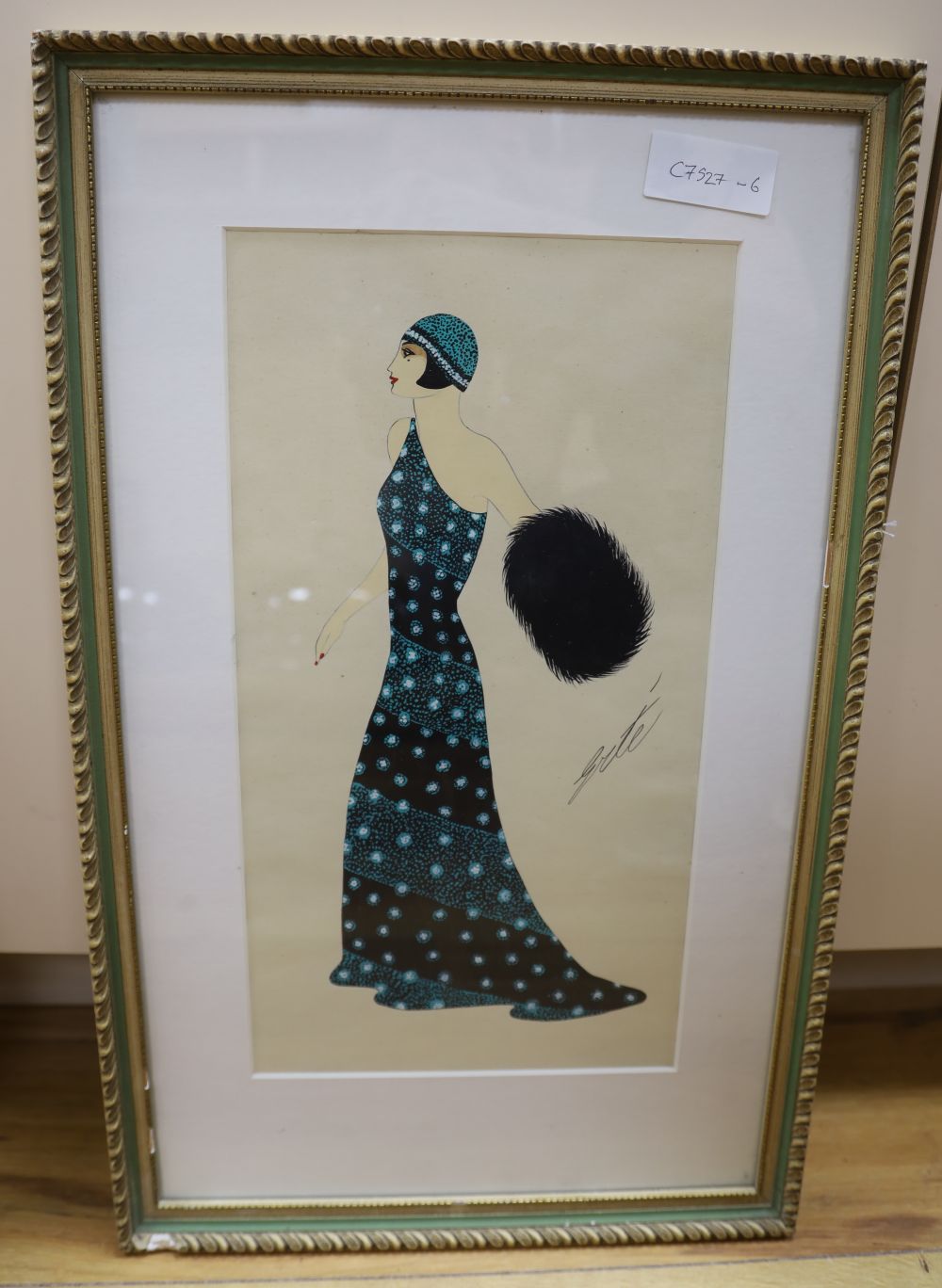 After Erté, gouache, Woman in a green dress, bears signature, 38 x 20cm
